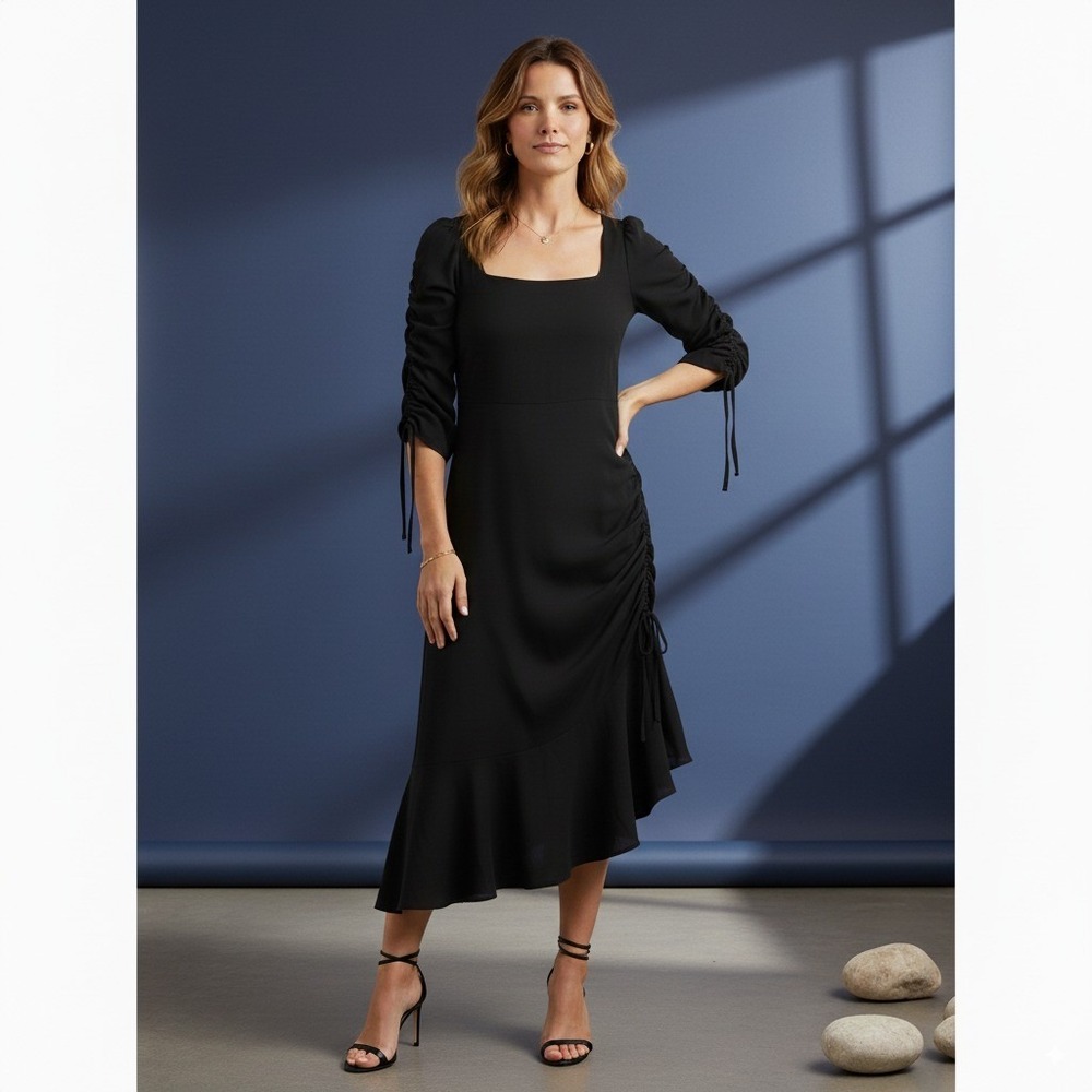RODARTE x Universal Standard‎ Black Ruched Tie Sleeve Flounce Hem Dress Small
